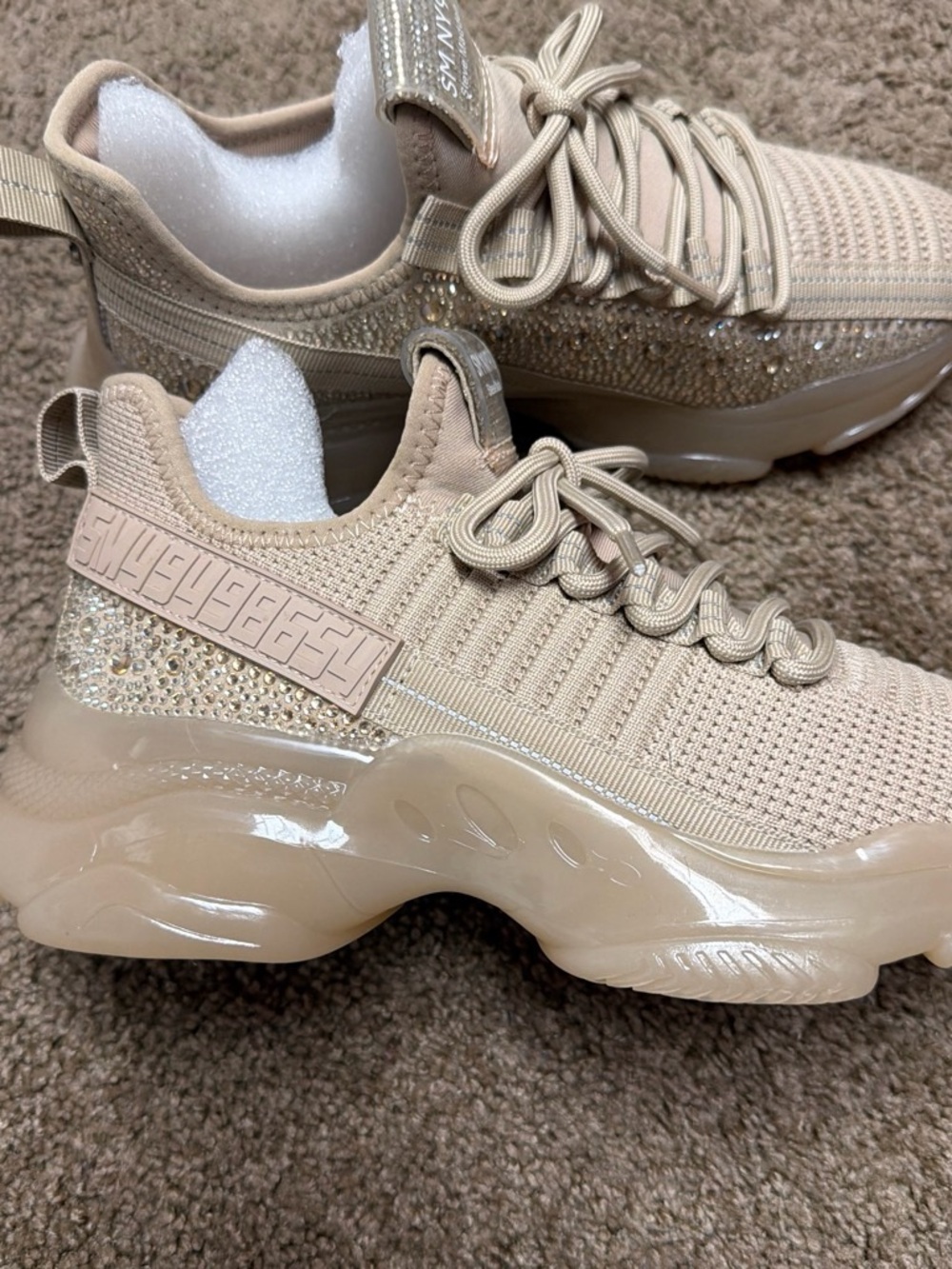 Steve Madden Beige Knit Platform Sneakers with Crystal Detail